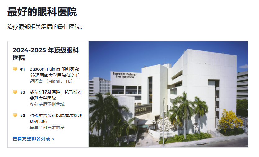 海外看病：美国最好的眼科医院排名2025和预约